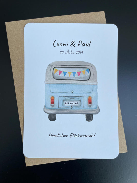 Karte Bulli hellblau zur Hochzeit 