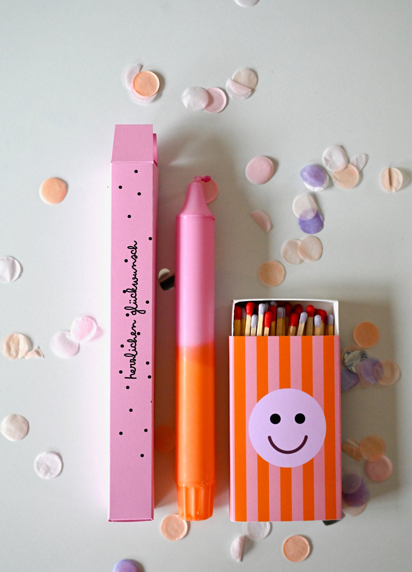 Geschenkset Streichhölzer und Stabkerze pink orange
