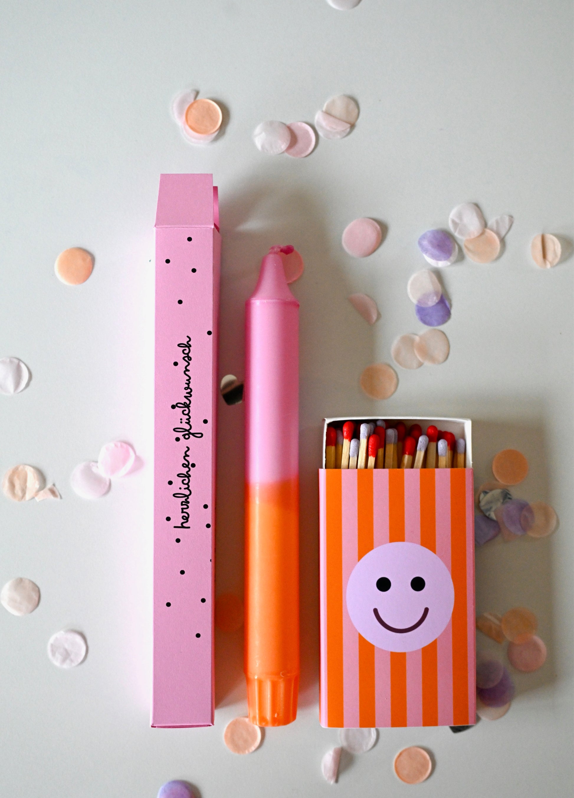 Geschenkset Streichhölzer und Stabkerze pink orange
