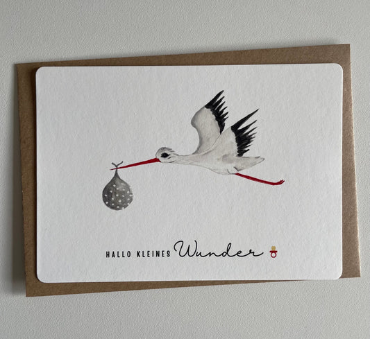 Karte zur Geburt Motiv Storch aquarell