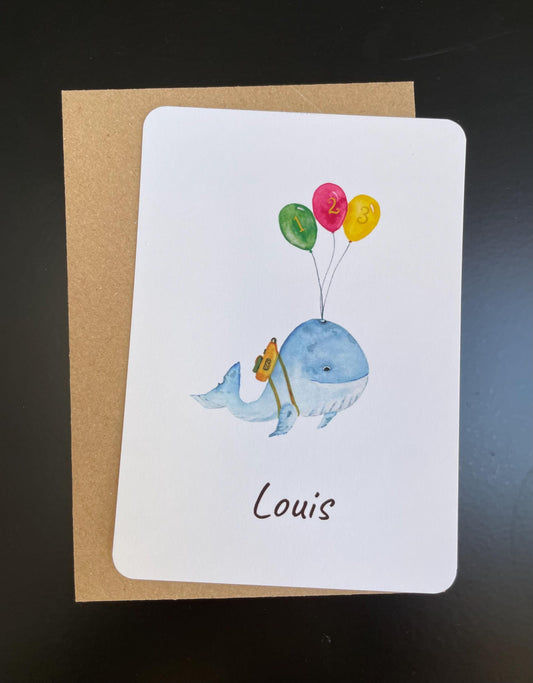 Karte Schulanfang Wal mit Schultasche